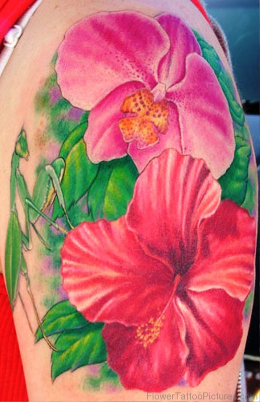 Lily And Orchid Flower Tattoo On Shoulder