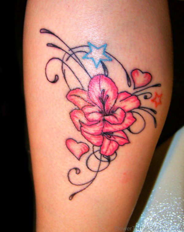 Lovely Gladiolus Flower Tattoo On Leg.