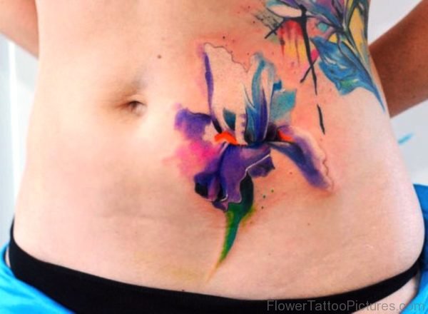Lovely Watercolor Iris Flower Tattoo On Stomach