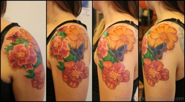 Marigold Flower With Butterfly Tattoo Design