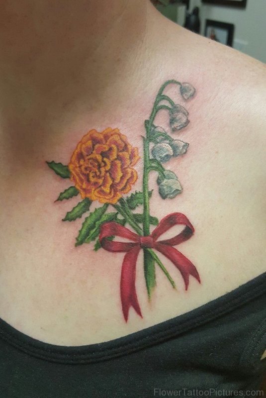 Marigold Flower With Red Ribbon Tattoo Design