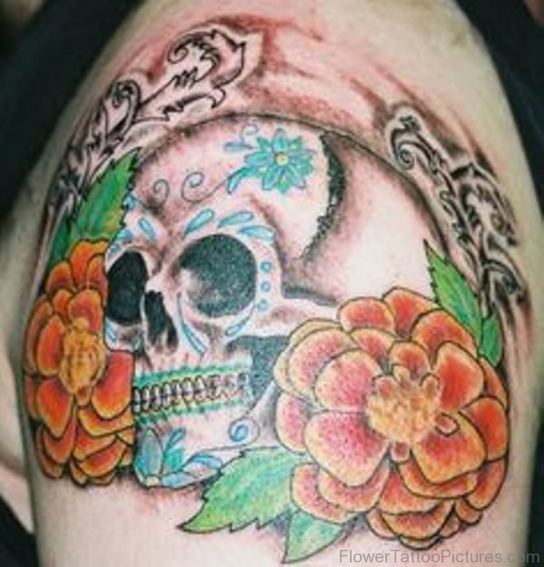 Marigold Flower With Skull Tattoo Design