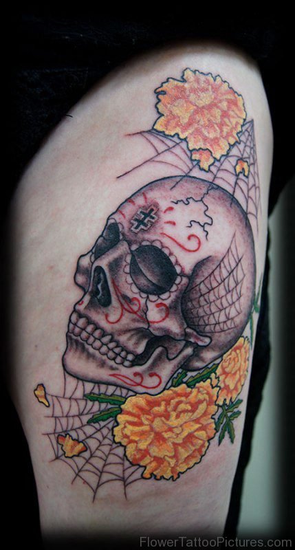 Marigold Flower With Spide Skull Tattoo