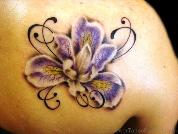Natural Colored Orchid Flower Tattoo On Shoulder