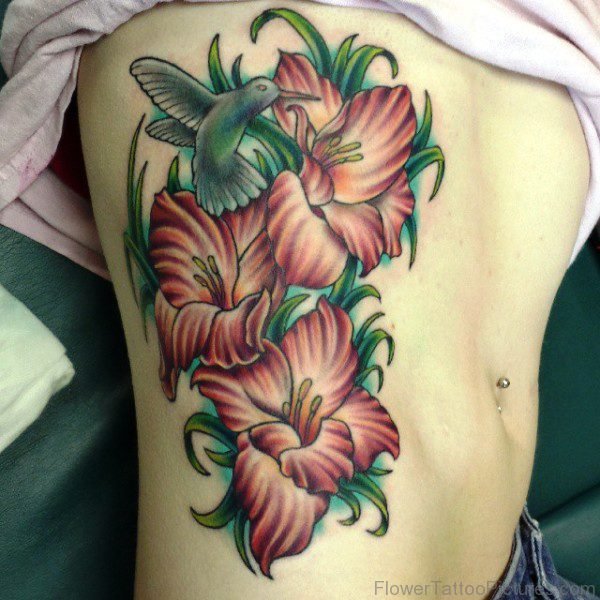 Nature Gladiolus Flower Tattoo On Rib