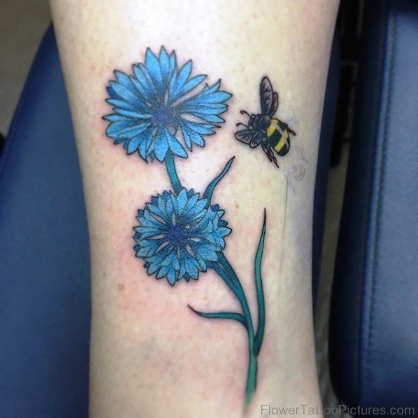 Nice Cornflowers Tattoo With Bee Design