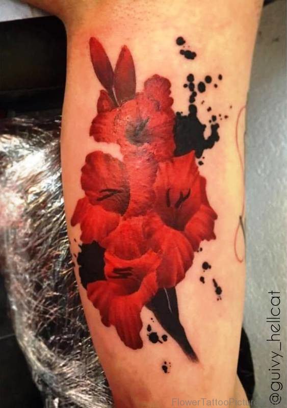 Nice Red Gladiolus Flower Tattoo Design