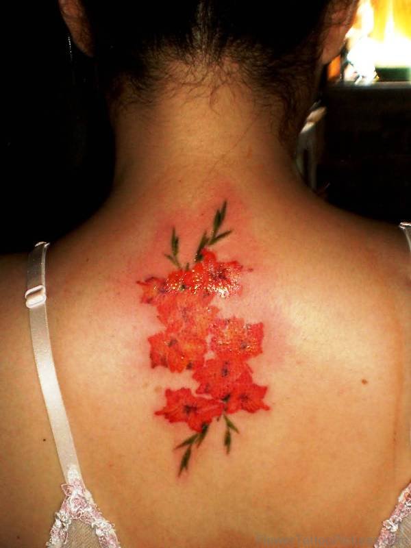 Orange Gladiolus Flower Tattoo On Back