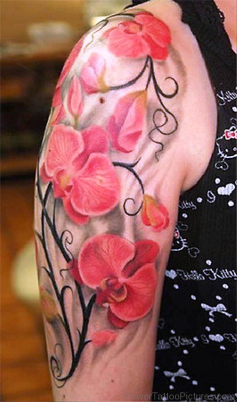 Orange Orchid Flowers Tattoo On Shoulder
