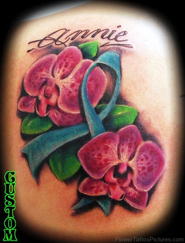 Orchid Flower Tattoo With Cancer Ribbon