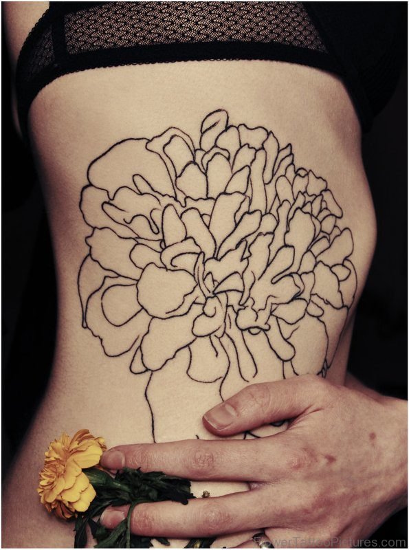 Outline Marigold Flower Tattoo On Rib