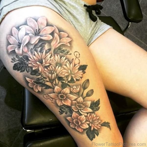 Outstanding Daffodil Flowers Tattoo On Thigh
