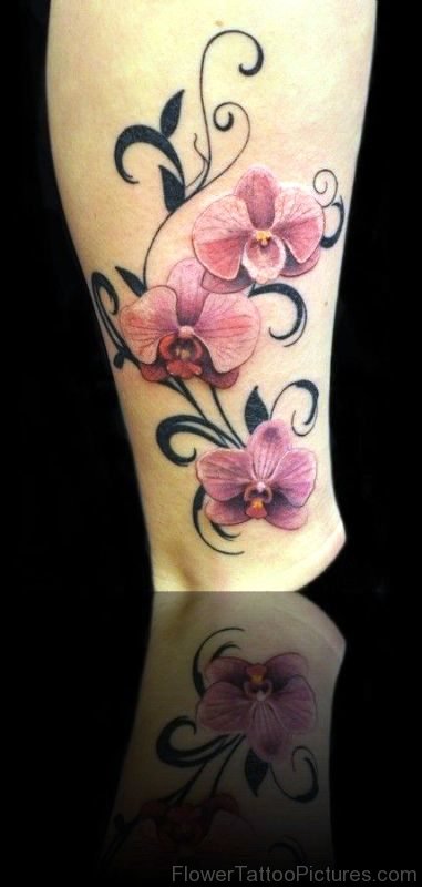 Perfect Orchid Flowers Tattoo On Leg