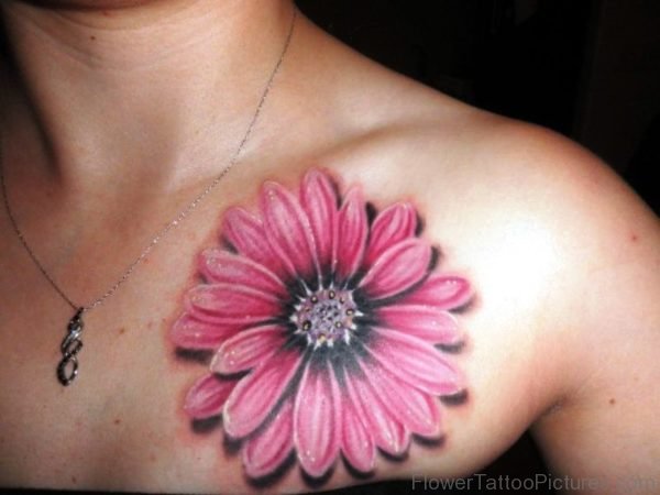 Pink Barberton Flower Tattoo On Chest