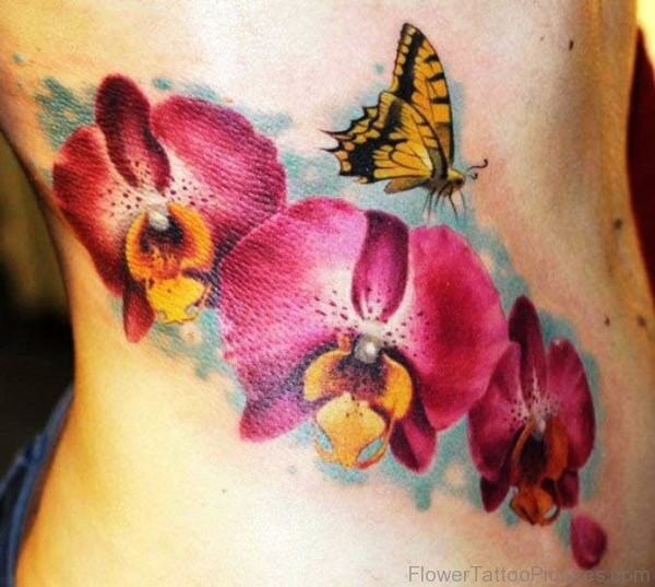 Pink Orchid Flowers With Yellow Butterfly Tattoo