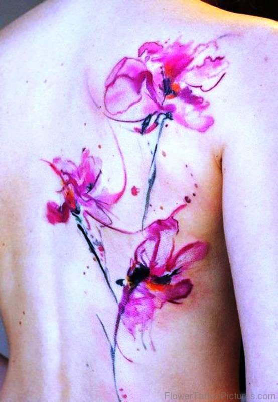 Pink Watercolor Orchid Flower Tattoo On Back