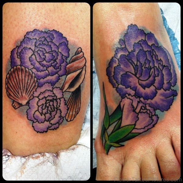 Purple Carnation Flower Tattoo On Foot
