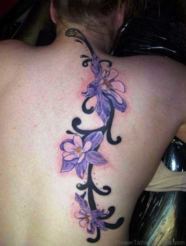 Purple Columbine Vine Tattoo On Back