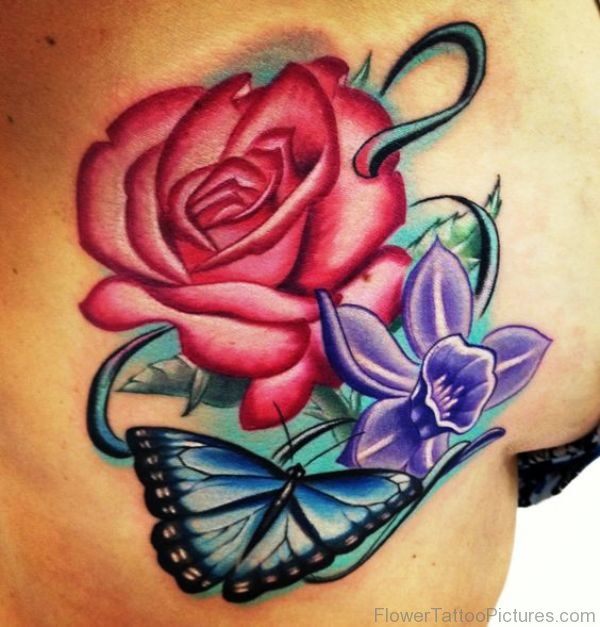 Purple Daffodil With Red Rose Tattoo