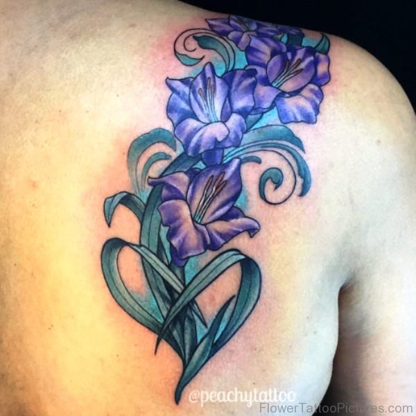 Purple Gladiolus Flower Tattoo On Shoulder