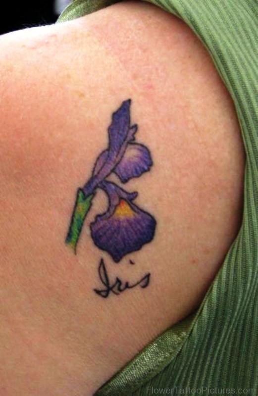 Purple Iris Flower Tattoo On Shoulder