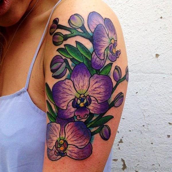 Purple Orchid Flowers Tattoo On Shoulder