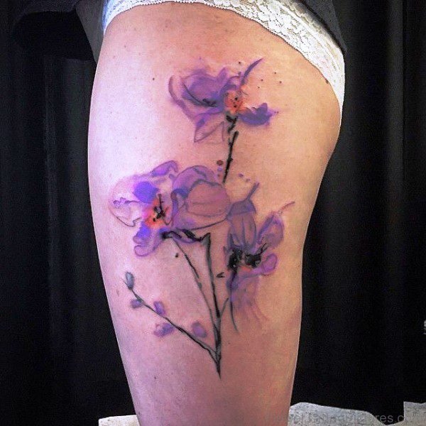 Purple Watercolor Orchid Flower Tattoo On Thigh