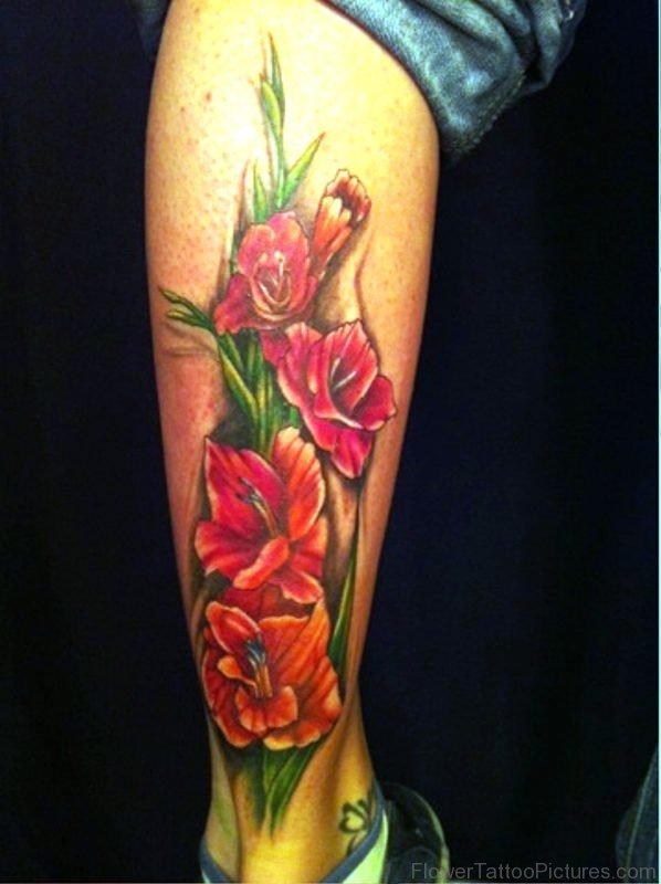 Red Gladiolus Flower Tattoo On Leg