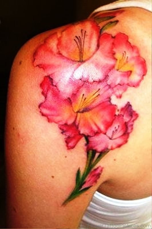 Red Watercolor Daffodil Tattoo On Shoulder