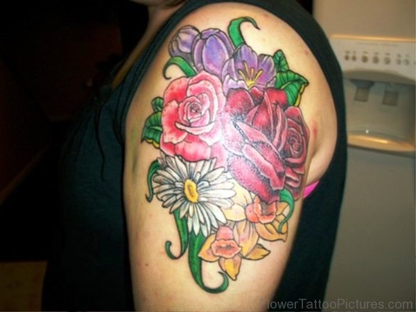 Roses With Daffodil And Tulip Flower Tattoo