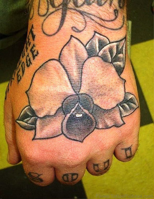 Simple Black Orchid Flower Tattoo On Hand.