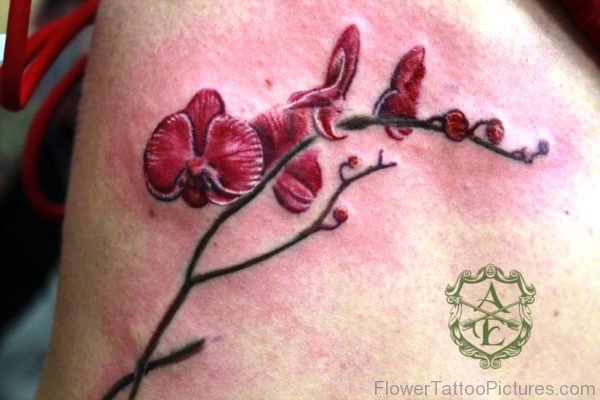 Small Red Orchid Flowers Tattoo Design
