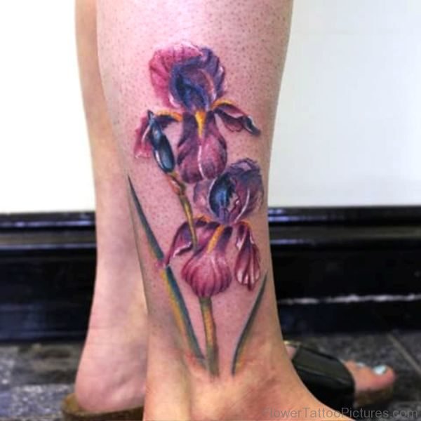 Traditional Iris Flower Tattoo On Leg