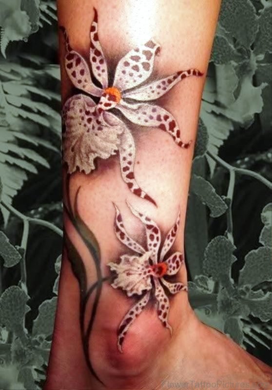 Unique Orchid Flowers Tattoo On Leg
