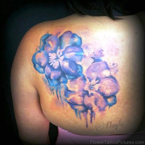 Watercolor Larkspur Flower Tattoo On Shoulder