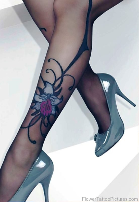 White Orchid Flower Tattoo On Leg