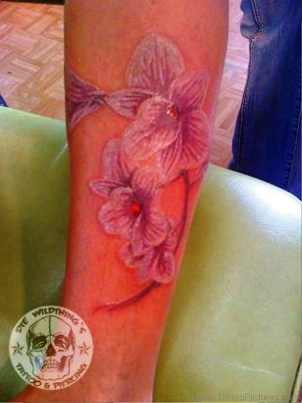 White Orchid Flowers Tattoo On Leg
