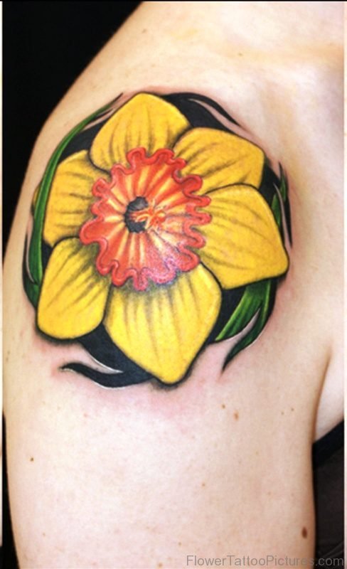 Yellow And Red Daffodil Tattoo On Shoulder