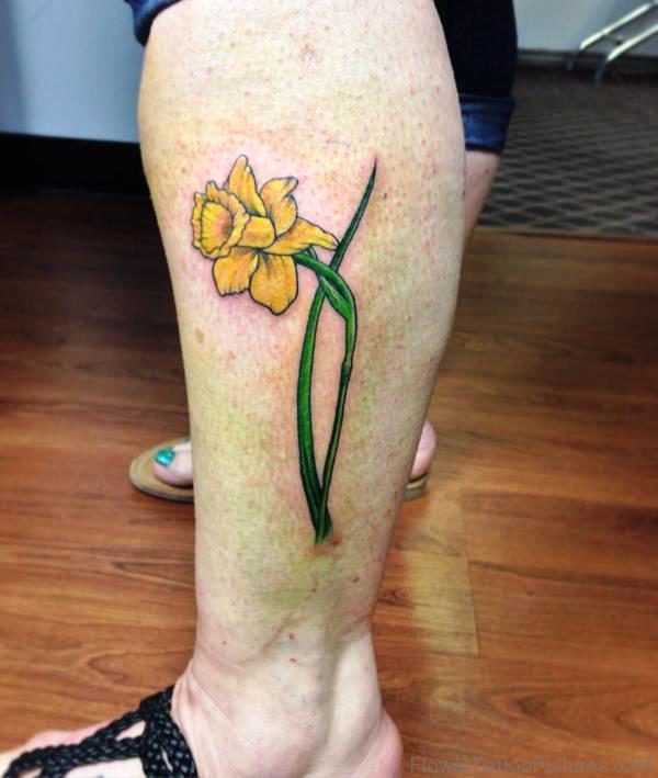 Yellow Daffodil Tattoo On Leg