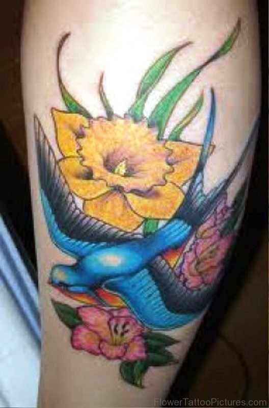 Yellow Daffodil With Blue Bird Tattoo
