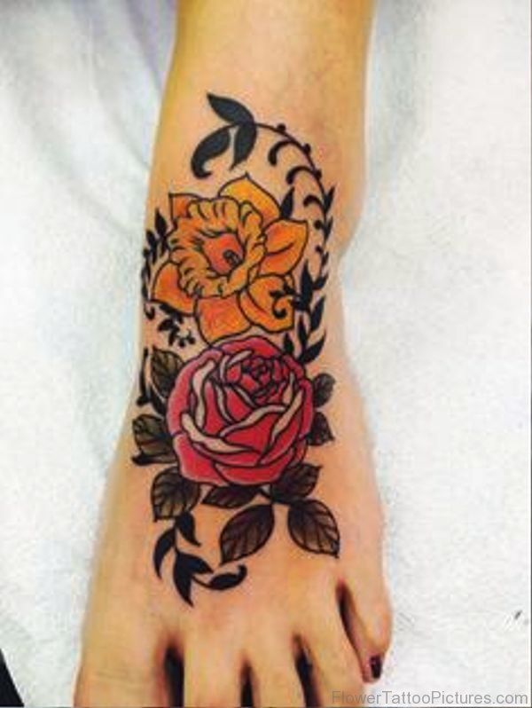 Yellow Daffodil With Red Rose Tattoo